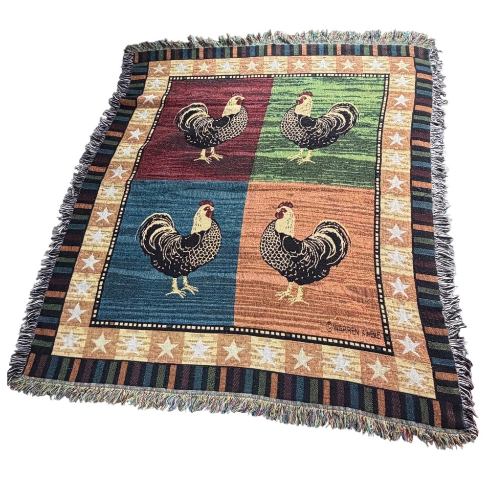 Warren Kimble Rooster Folk Art Woven Tapestry Throw Blanket Fringed 53x58